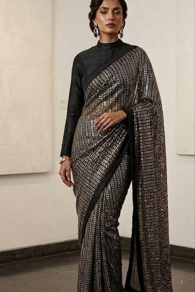Alluring Georgette Saree with Sequence Work | Banglori Satin Blouse Piece - Rosepetals Luxe