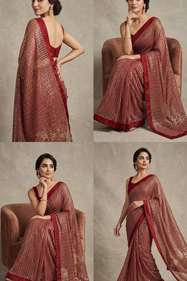 Alluring Georgette Saree with Sequence Work | Banglori Satin Blouse Piece - Rosepetals Luxe