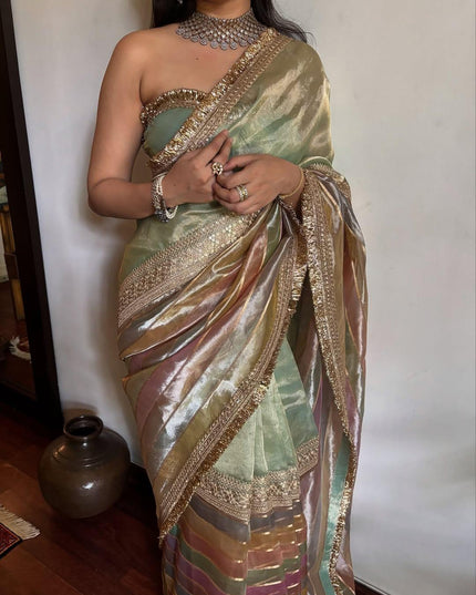 Alluring Luxurious Tissue Stripes Brush Dye Saree with Lace & Unstitched Blouse Piece - Rosepetals Luxe