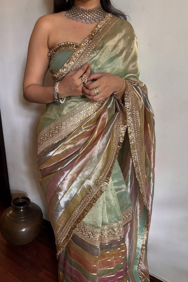 Alluring Luxurious Tissue Stripes Brush Dye Saree with Lace & Unstitched Blouse Piece - Rosepetals Luxe