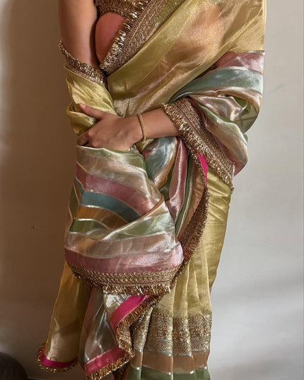 Alluring Luxurious Tissue Stripes Brush Dye Saree with Lace & Unstitched Blouse Piece - Rosepetals Luxe