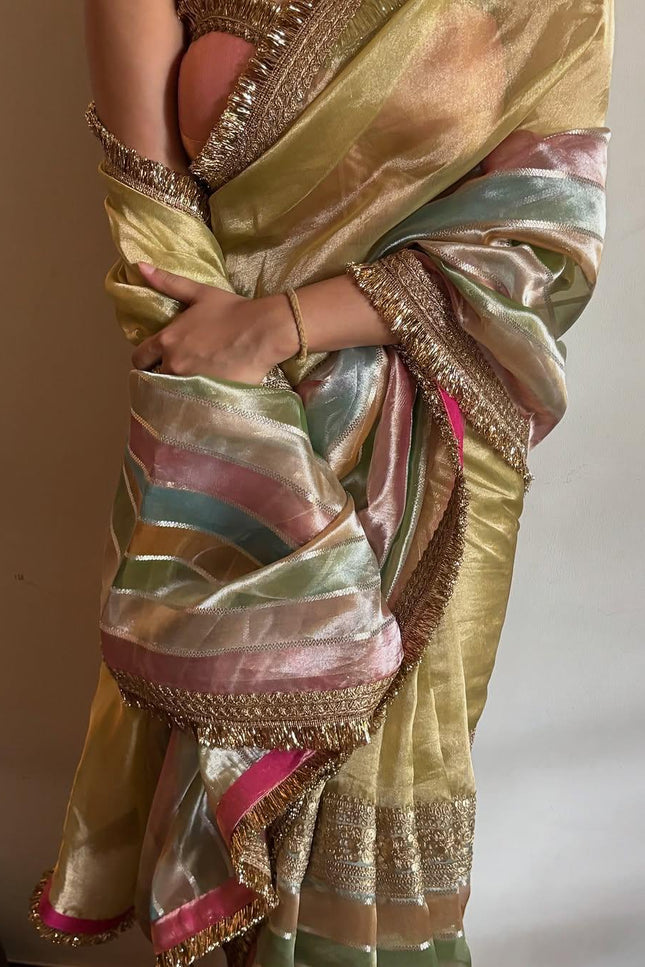 Alluring Luxurious Tissue Stripes Brush Dye Saree with Lace & Unstitched Blouse Piece - Rosepetals Luxe