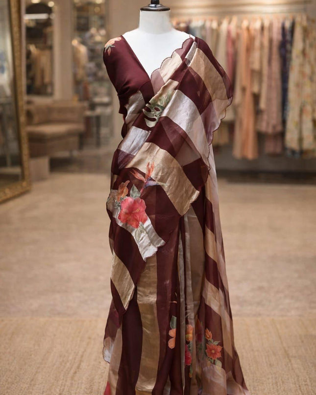 Alluring Pure Tissue Organza Strip with Digital Print Saree With Blouse Piece - Rosepetals Luxe