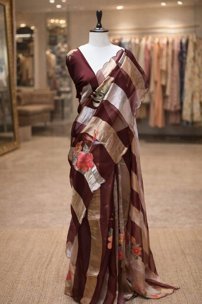 Alluring Pure Tissue Organza Strip with Digital Print Saree With Blouse Piece - Rosepetals Luxe