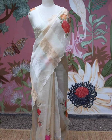 Alluring Pure Tissue Organza Strip with Digital Print Saree With Blouse Piece - Rosepetals Luxe