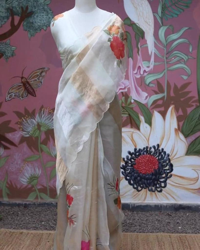 Alluring Pure Tissue Organza Strip with Digital Print Saree With Blouse Piece - Rosepetals Luxe