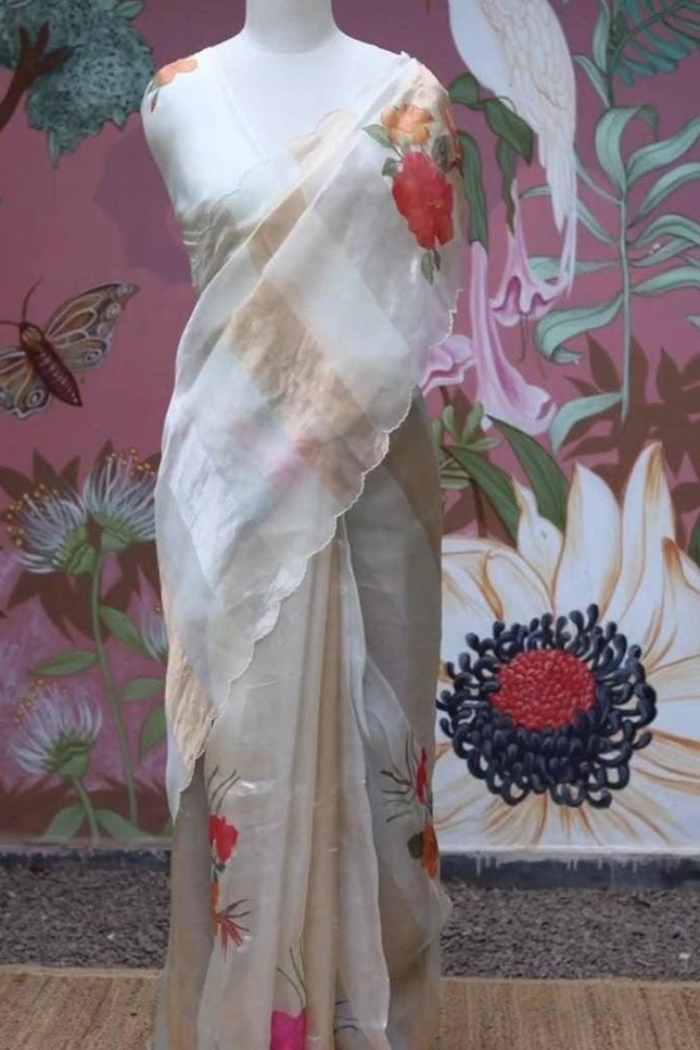 Alluring Pure Tissue Organza Strip with Digital Print Saree With Blouse Piece - Rosepetals Luxe