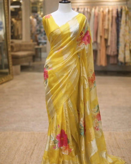 Alluring Pure Tissue Organza Strip with Digital Print Saree With Blouse Piece - Rosepetals Luxe