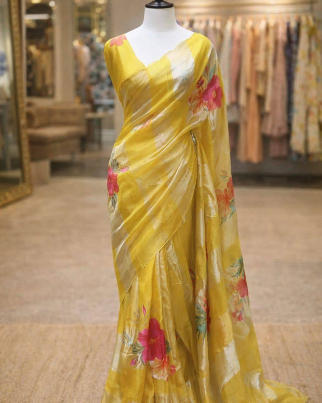 Alluring Pure Tissue Organza Strip with Digital Print Saree With Blouse Piece - Rosepetals Luxe