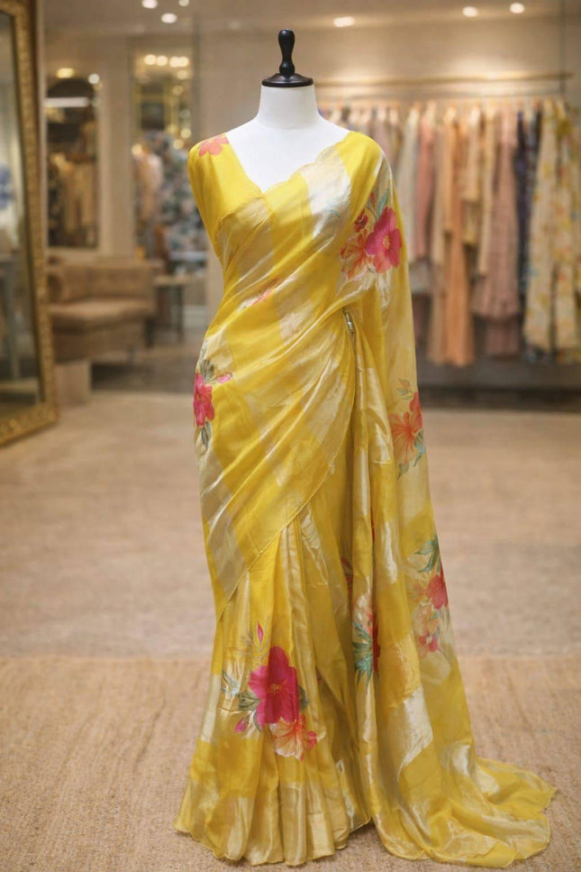 Alluring Pure Tissue Organza Strip with Digital Print Saree With Blouse Piece - Rosepetals Luxe