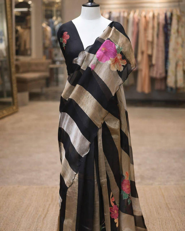 Alluring Pure Tissue Organza Strip with Digital Print Saree With Blouse Piece - Rosepetals Luxe