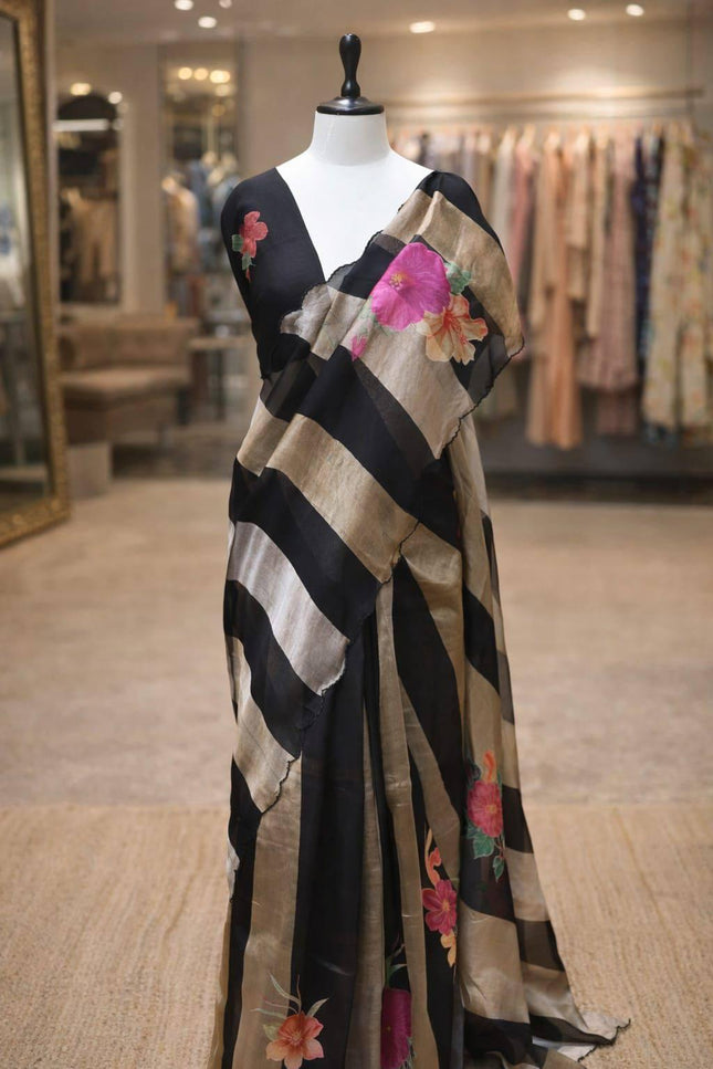 Alluring Pure Tissue Organza Strip with Digital Print Saree With Blouse Piece - Rosepetals Luxe