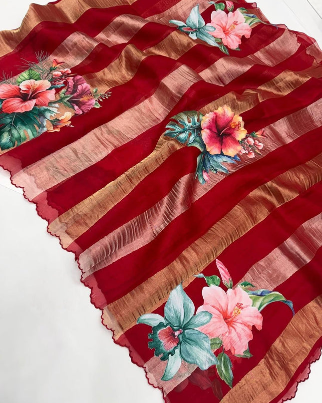 Alluring Pure Tissue Organza Strip with Digital Print Saree With Blouse Piece - Rosepetals Luxe