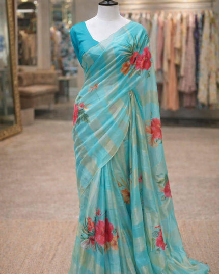 Alluring Pure Tissue Organza Strip with Digital Print Saree With Blouse Piece - Rosepetals Luxe