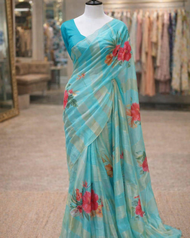 Alluring Pure Tissue Organza Strip with Digital Print Saree With Blouse Piece - Rosepetals Luxe