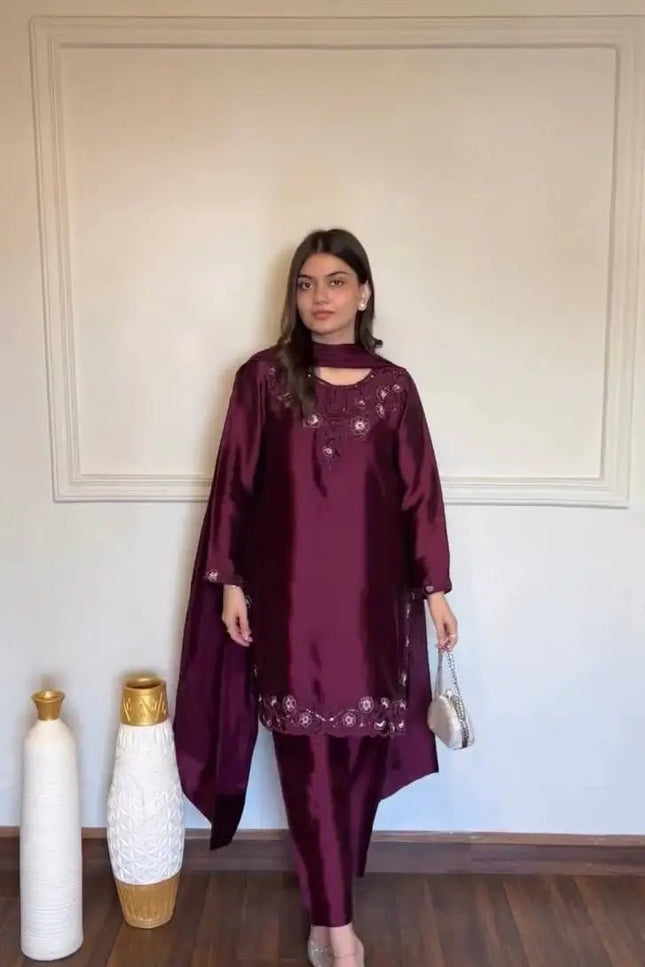 American Silk Thread & Sequin Suit Set | Fully Stitched 3-Piece | Tibby Dupatta | Rosepetals Luxe - Rosepetals Luxe