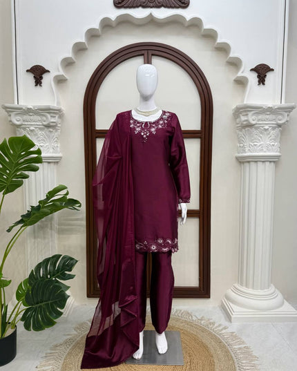 American Silk Thread & Sequin Suit Set | Fully Stitched 3-Piece | Tibby Dupatta | Rosepetals Luxe - Rosepetals Luxe