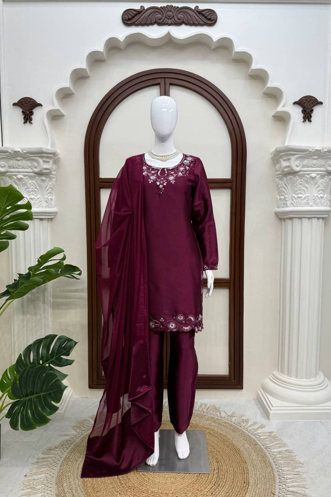 American Silk Thread & Sequin Suit Set | Fully Stitched 3-Piece | Tibby Dupatta | Rosepetals Luxe - Rosepetals Luxe