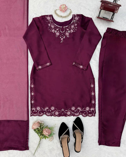 American Silk Thread & Sequin Suit Set | Fully Stitched 3-Piece | Tibby Dupatta | Rosepetals Luxe - Rosepetals Luxe