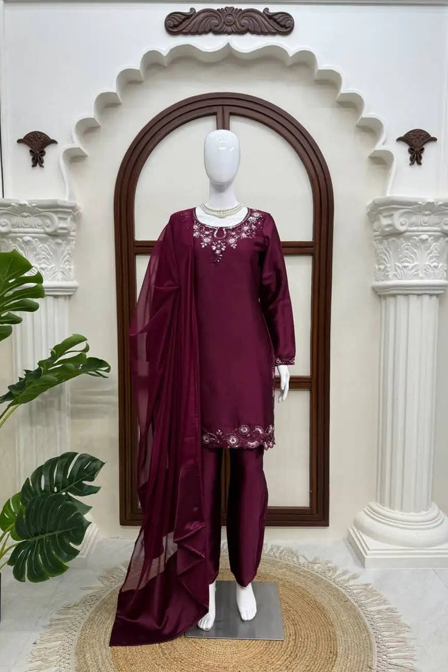 American Silk Thread & Sequin Suit Set | Fully Stitched 3-Piece | Tibby Dupatta | Rosepetals Luxe - Rosepetals Luxe