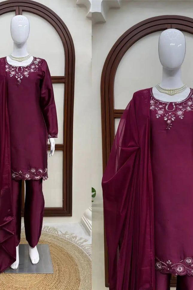 American Silk Thread & Sequin Suit Set | Fully Stitched 3-Piece | Tibby Dupatta | Rosepetals Luxe - Rosepetals Luxe