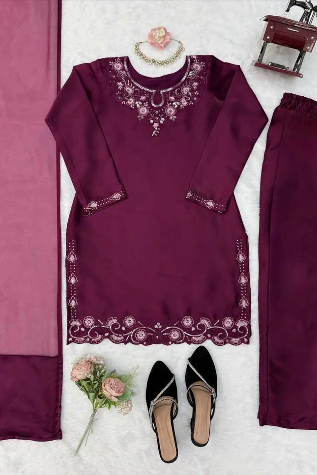 American Silk Thread & Sequin Suit Set | Fully Stitched 3-Piece | Tibby Dupatta | Rosepetals Luxe - Rosepetals Luxe