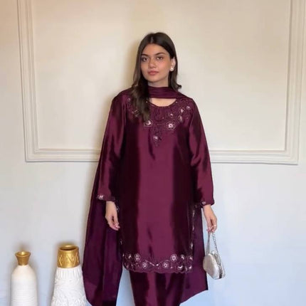 American Silk Thread & Sequin Suit Set | Fully Stitched 3-Piece | Tibby Dupatta | Rosepetals Luxe - Rosepetals Luxe