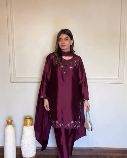 American Silk Thread & Sequin Suit Set | Fully Stitched 3-Piece | Tibby Dupatta | Rosepetals Luxe - Rosepetals Luxe