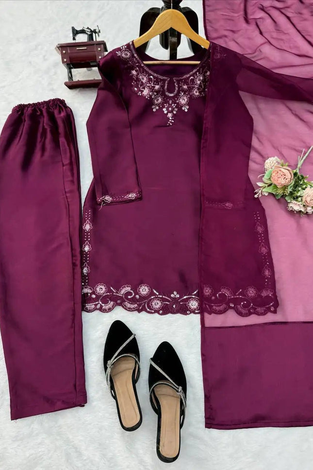 American Silk Thread & Sequin Suit Set | Fully Stitched 3-Piece | Tibby Dupatta | Rosepetals Luxe - Rosepetals Luxe