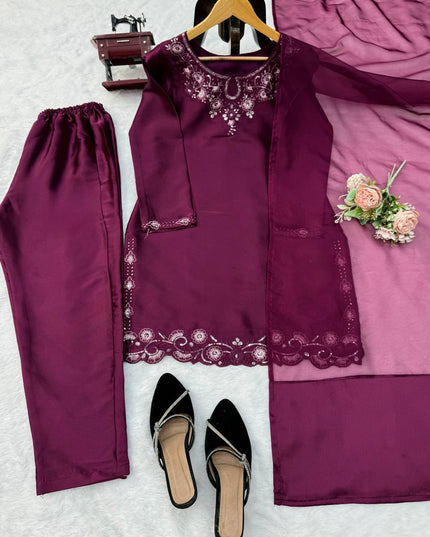 American Silk Thread & Sequin Suit Set | Fully Stitched 3-Piece | Tibby Dupatta | Rosepetals Luxe - Rosepetals Luxe