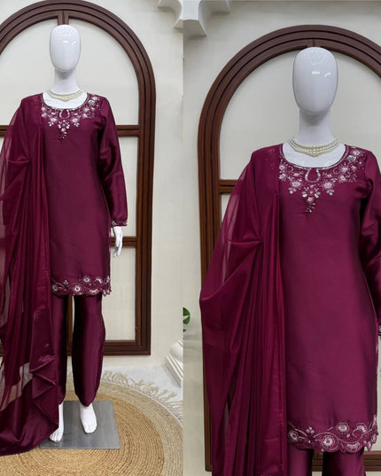 American Silk Thread & Sequin Suit Set | Fully Stitched 3-Piece | Tibby Dupatta | Rosepetals Luxe - Rosepetals Luxe