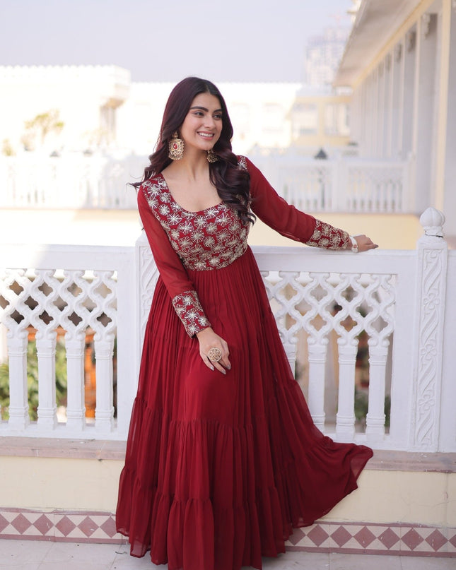 Anarkali Gown | Faux Blooming Georgette with Sequins, Zari & Pipe Embroidery | 12 Mtr Flair | Fully Stitched - RosepetalsLuxe