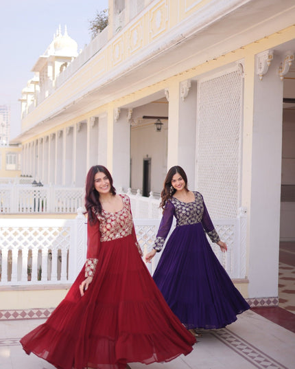 Anarkali Gown | Faux Blooming Georgette with Sequins, Zari & Pipe Embroidery | 12 Mtr Flair | Fully Stitched - RosepetalsLuxe