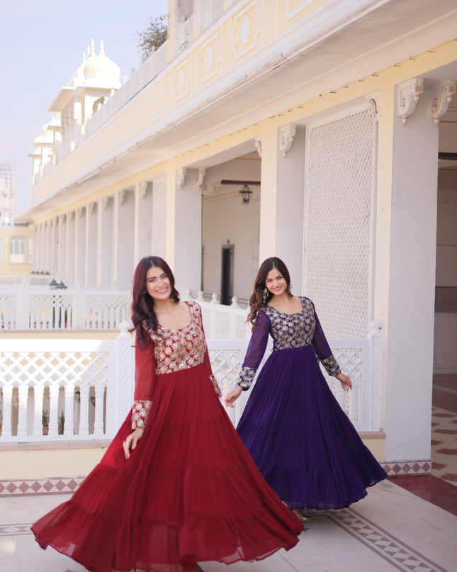 Anarkali Gown | Faux Blooming Georgette with Sequins, Zari & Pipe Embroidery | 12 Mtr Flair | Fully Stitched - RosepetalsLuxe