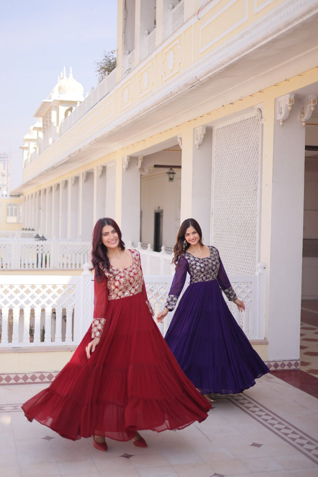 Anarkali Gown | Faux Blooming Georgette with Sequins, Zari & Pipe Embroidery | 12 Mtr Flair | Fully Stitched - RosepetalsLuxe