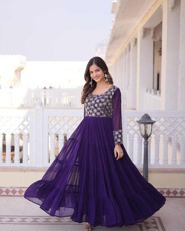 Anarkali Gown | Faux Blooming Georgette with Sequins, Zari & Pipe Embroidery | 12 Mtr Flair | Fully Stitched - RosepetalsLuxe