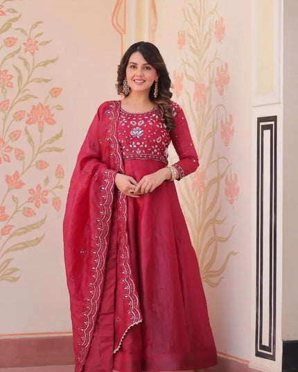 Anarkali Gown Gold Crush with Beads Embroidery Work - Rosepetals Luxe
