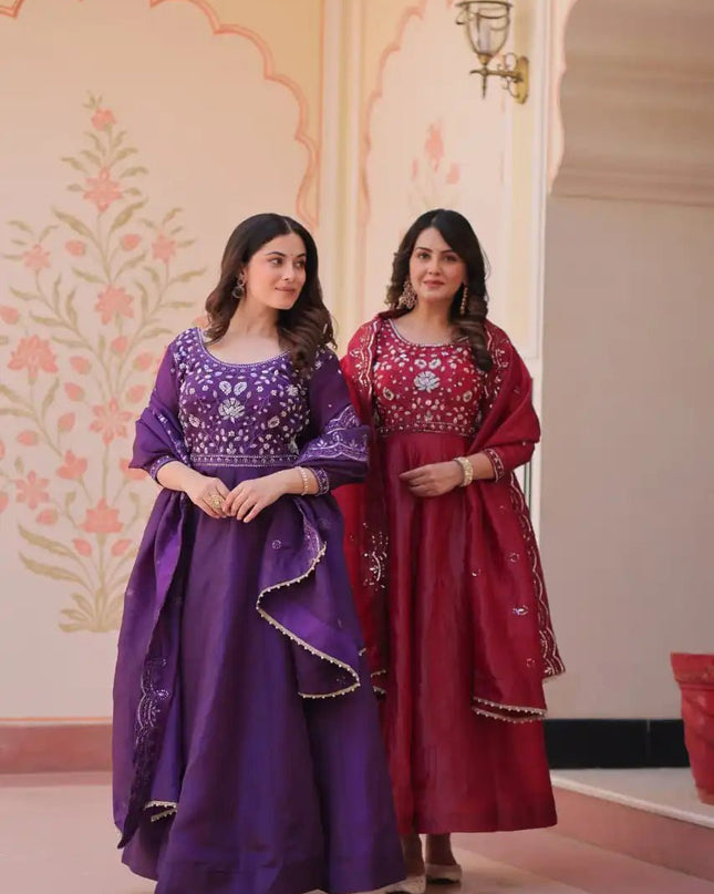 Anarkali Gown Gold Crush with Beads Embroidery Work - Rosepetals Luxe