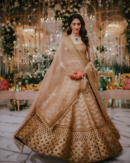 Antique Gold Bridal Lehenga with Heavy Embroidery & Net Dupatta - Rosepetals Luxe