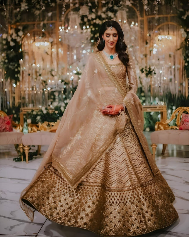 Antique Gold Bridal Lehenga with Heavy Embroidery & Net Dupatta - Rosepetals Luxe