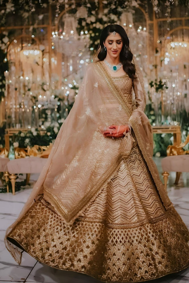 Antique Gold Bridal Lehenga with Heavy Embroidery & Net Dupatta - Rosepetals Luxe