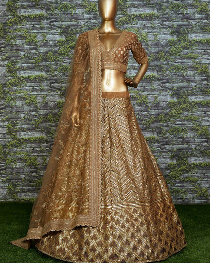 Antique Gold Bridal Lehenga with Heavy Embroidery & Net Dupatta - Rosepetals Luxe
