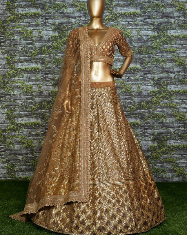 Antique Gold Bridal Lehenga with Heavy Embroidery & Net Dupatta - Rosepetals Luxe