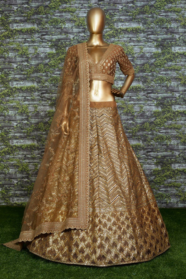 Antique Gold Bridal Lehenga with Heavy Embroidery & Net Dupatta - Rosepetals Luxe
