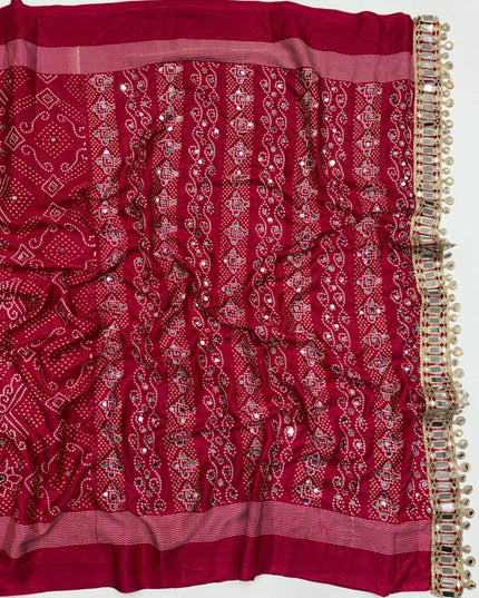 Arjakh Satin Viscose Saree | Rich Mirror Work Pallu | Designer Blouse - Rosepetals Luxe