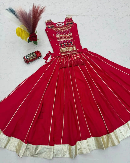 Navratri Girls Pure Cotton Mirror Work Lehenga Choli Set with Ribbon and Lampi Border