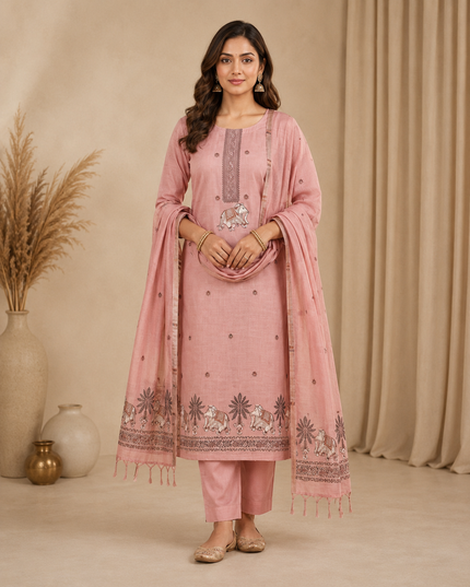 Premium Muga Cotton Jamdani Pichwai Weaving 3 Piece Unstitched Salwar Suit | Dress Material with Dupatta