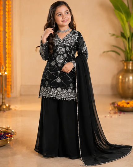 Girls Designer Sequin Embroidery Party Wear Top Palazzo and Dupatta Set