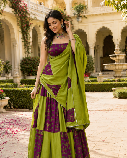 Women’s Ajrakh Print Rayon Lehenga Choli with Mirror Lace, Gotta Patti & Dupatta | Navratri Festive Wear