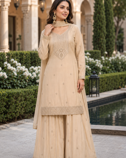 Premium Chinnon Hand Beaded Embroidered Kurta Palazzo Dupatta Set for Women